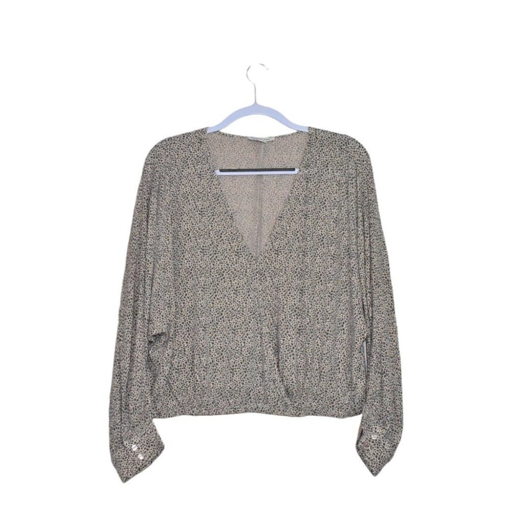 American Eagle Cropped Faux Wrap V Neck Long Sleeve Animal Print Top Size L